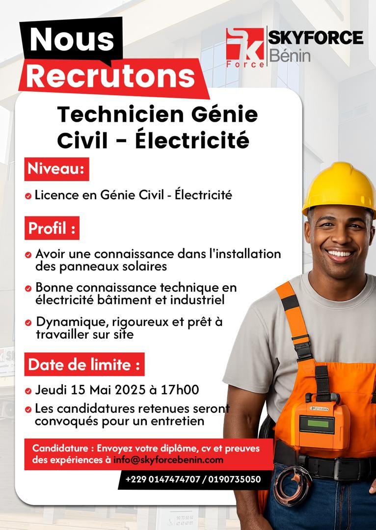 Recrutement d’un Technicien Génie Civil -Electricité